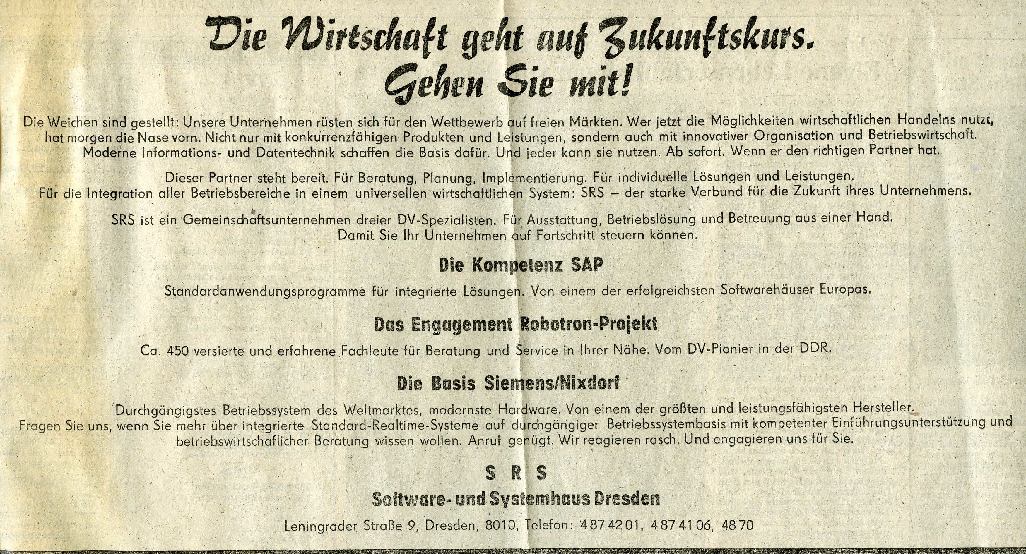 Nach Wiedervereinigung: Stellenanzeige der SAP im „Sächsischen Tageblatt“ 1990.