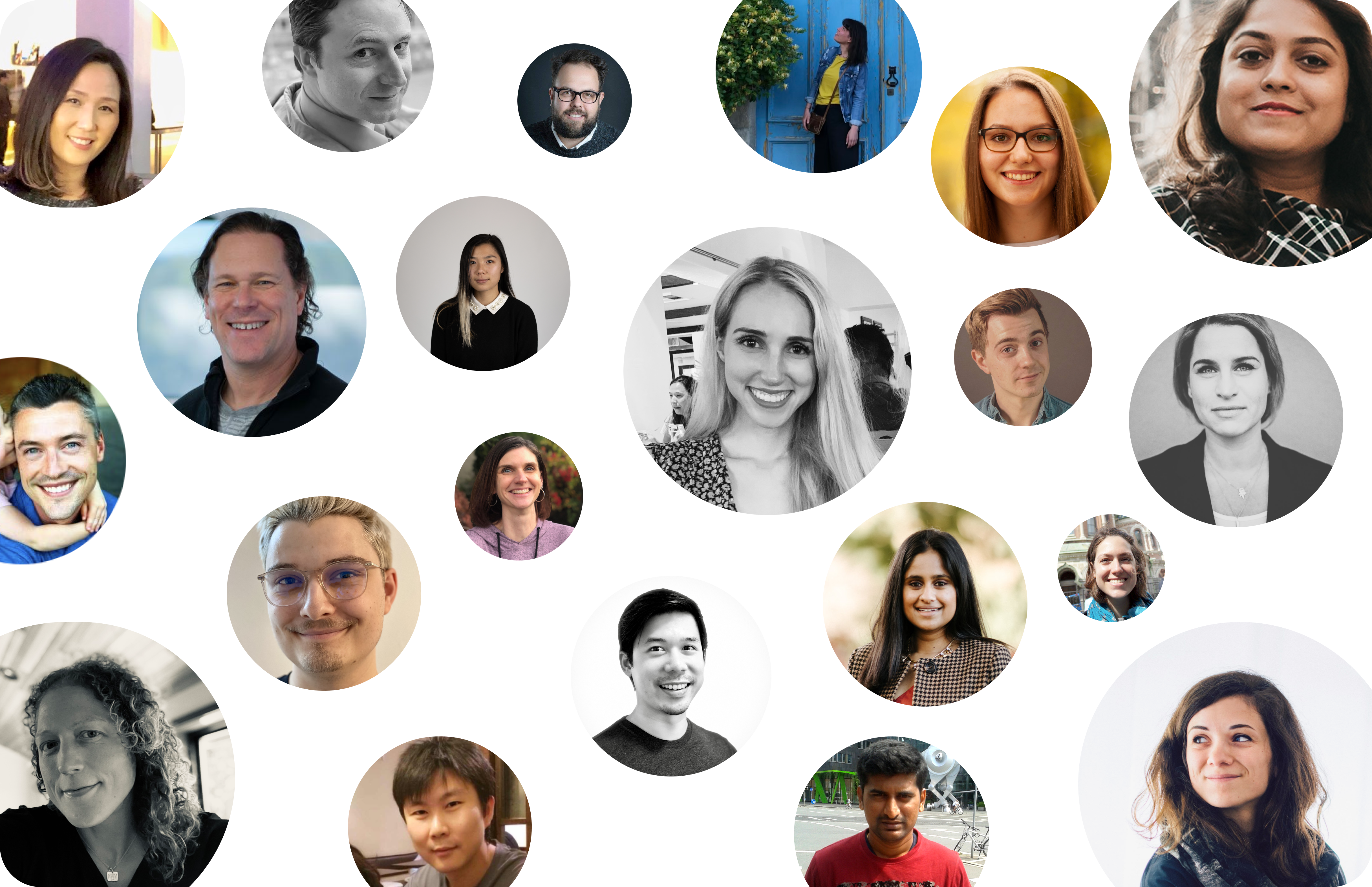 Portraitfotos von 35 Designer:innen, Forschenden und UX-Entwickler:innen aus elf Produktbereichen. Sie arbeiteten sechs Monate lang gemeinsam an der Neuausrichtung der SAP-Produkteindrücke.