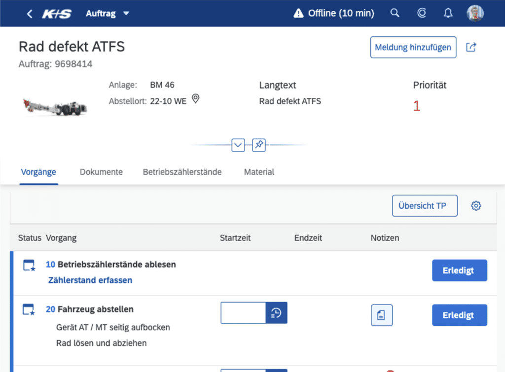 Das Bild zeigt einen Screenshot des klickbaren SAP-Fiori-Prototyps für die App zur Wartung unter Tage. In diesem Beispiel muss ein defektes Rad repariert werden. Eine Checkliste enthält Details zu weiteren Schritten und ermöglicht das direkte Hinzufügen von Daten zur Anfangszeit und zur erfolgreichen Ausführung.