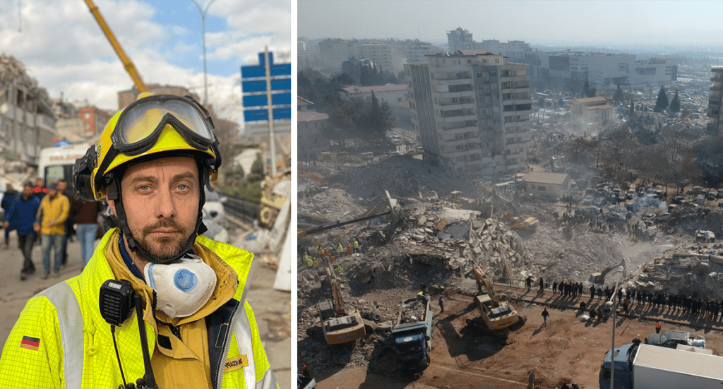 SAP-Mitarbeiter Sebastian Hodapp mit der Hilfsorganisation @fire vor Ort im türkischen Erdbebengebiet.