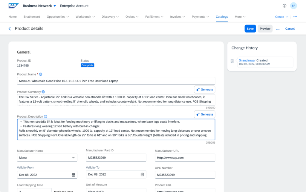 Erstellen von Produktzusammenfassungen und -beschreibungen für Produkte im Netzwerkkatalog in SAP Business Network.