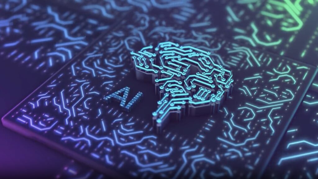 회로 기판 위에 형광색으로 표현된 AI 글자와 두뇌 모양