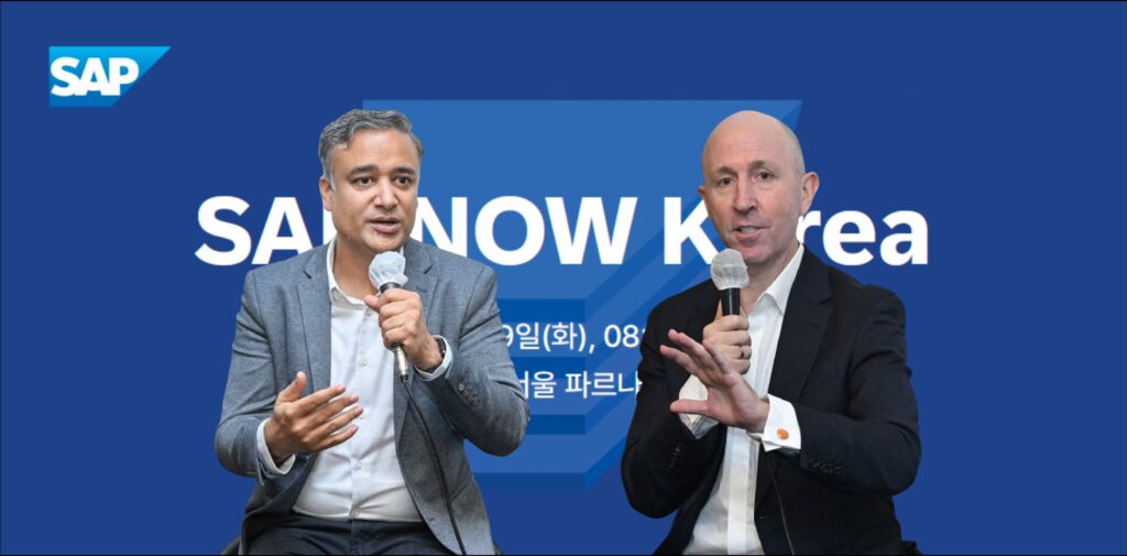 SAP NOW Korea 2024 행사장에서 기자회견 중인 마두르 샤르마(왼쪽)와 스캇 러셀(오른쪽)