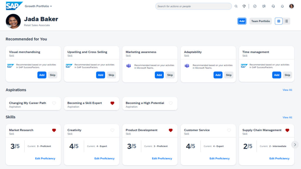 SAP SuccessFactors 성장 포트폴리오 안의 스킬과 야망 개관