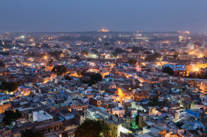 Aerial view of city at dusk, Jodhpur, Rajasthan, India