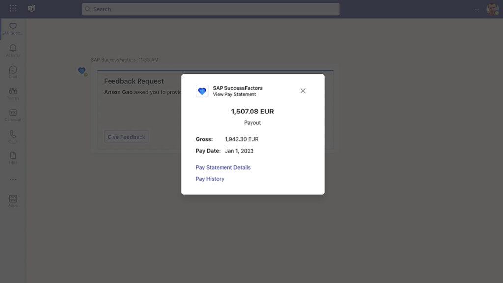 Screenshot of SAP SuccessFactors task in Microsoft Teams