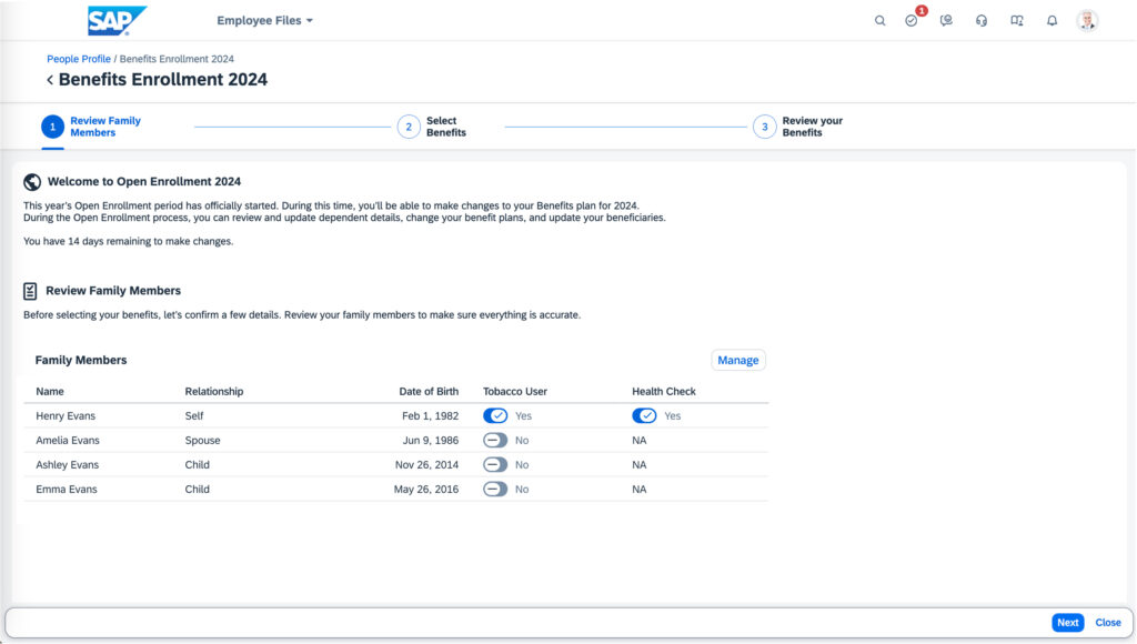 Screenshot of benefits enrollment welcome page in SAP SuccessFactors Employee Central Global Benefits