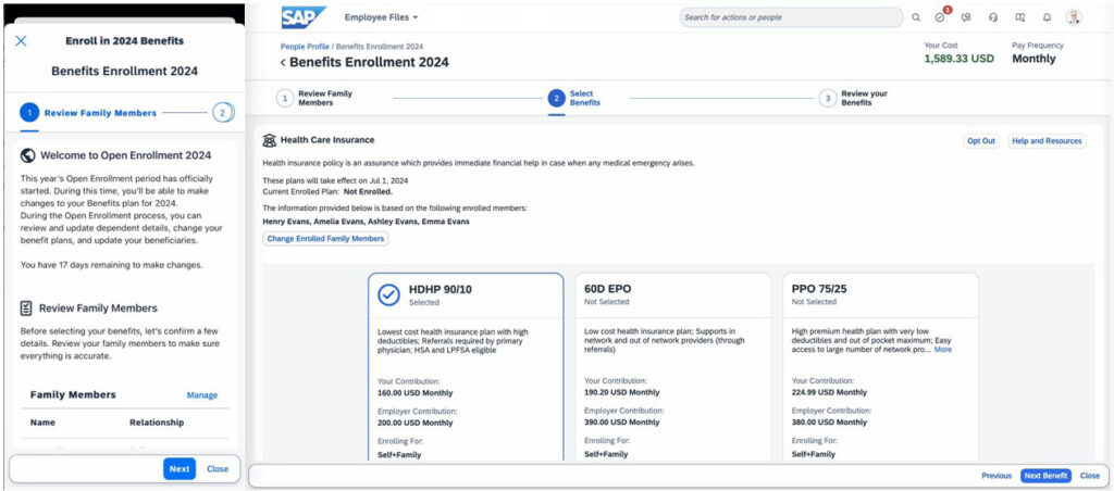 Screenshots of benefits enrollment on mobile device and desktop