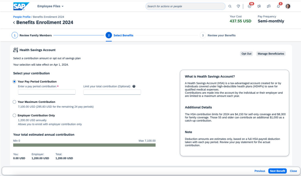 Screenshot showing flexible options for defining HSA contribution amount