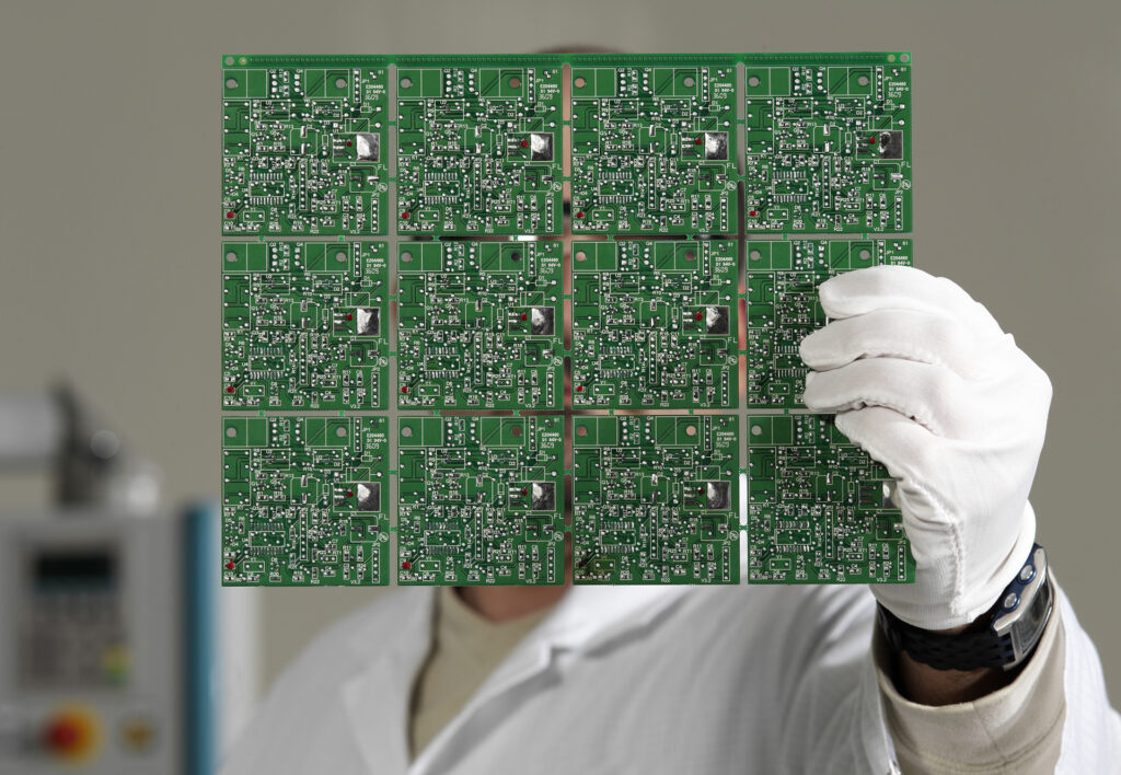 Electronics engineer controlling a circuit board