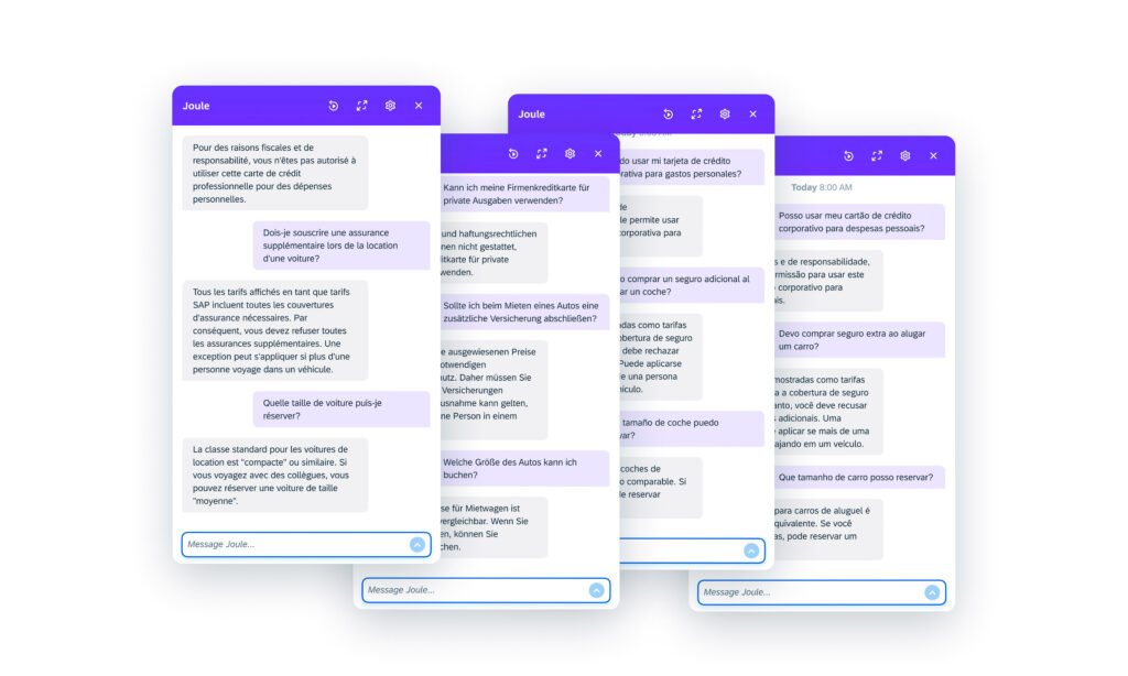 Screenshots of Joule insights in French, German, Spanish, and Portuguese