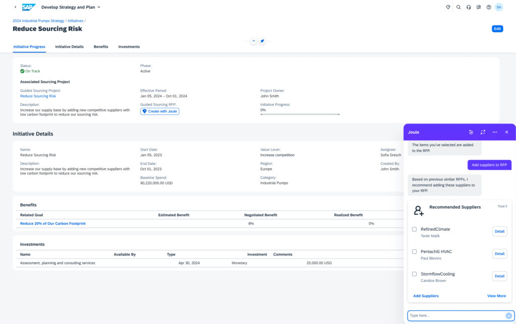 Screenshot of Joule use case in SAP Ariba Sourcing