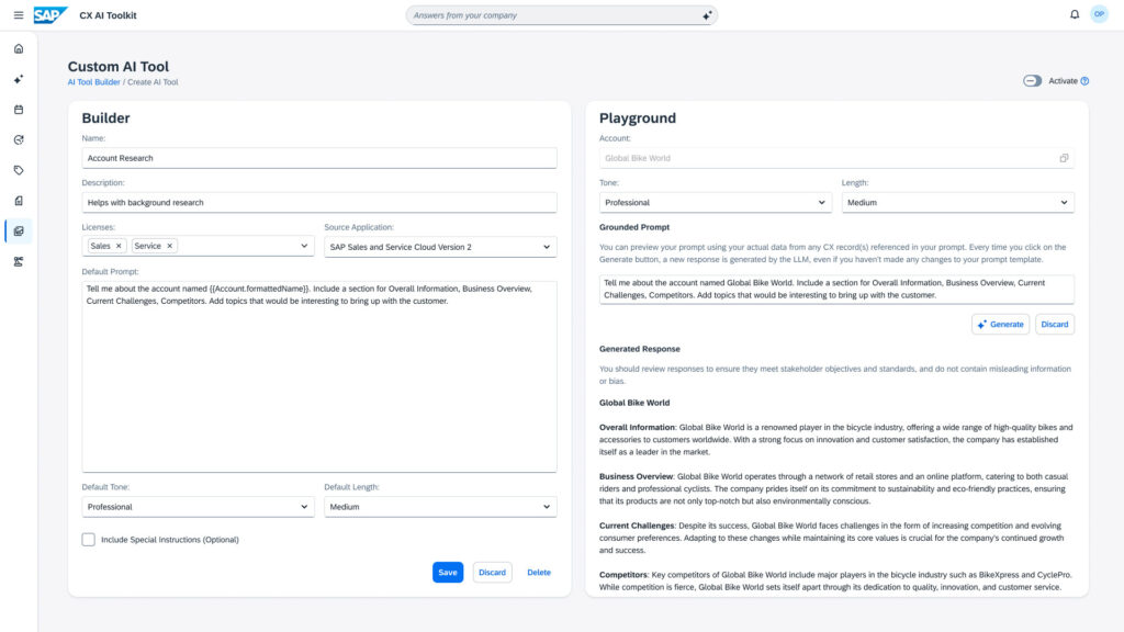 Screenshot of AI tool builder in SAP CX AI Toolkit