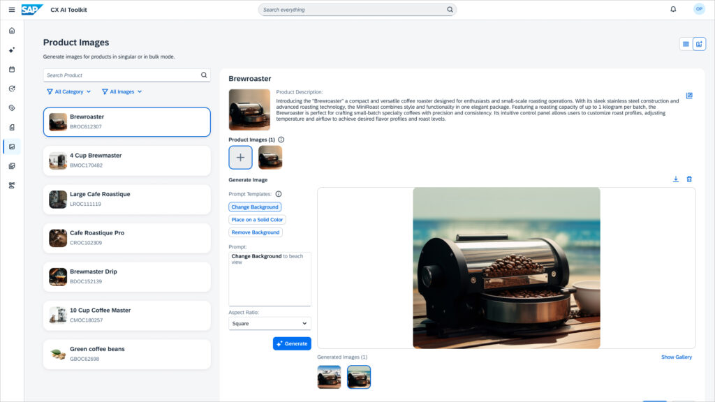 Screenshot of generating product images in SAP CX AI Toolkit