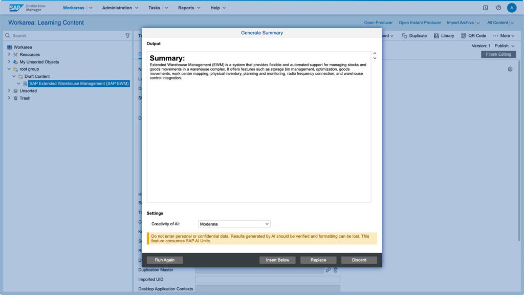 Screenshot of AI use case in SAP Enable Now