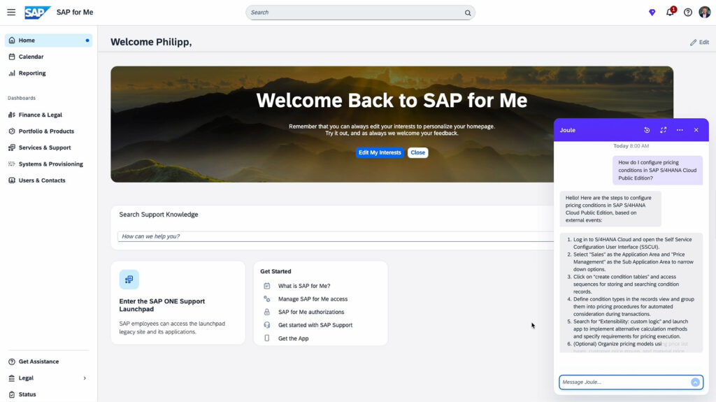 Screenshot of Joule's SAP Consulting capabilities