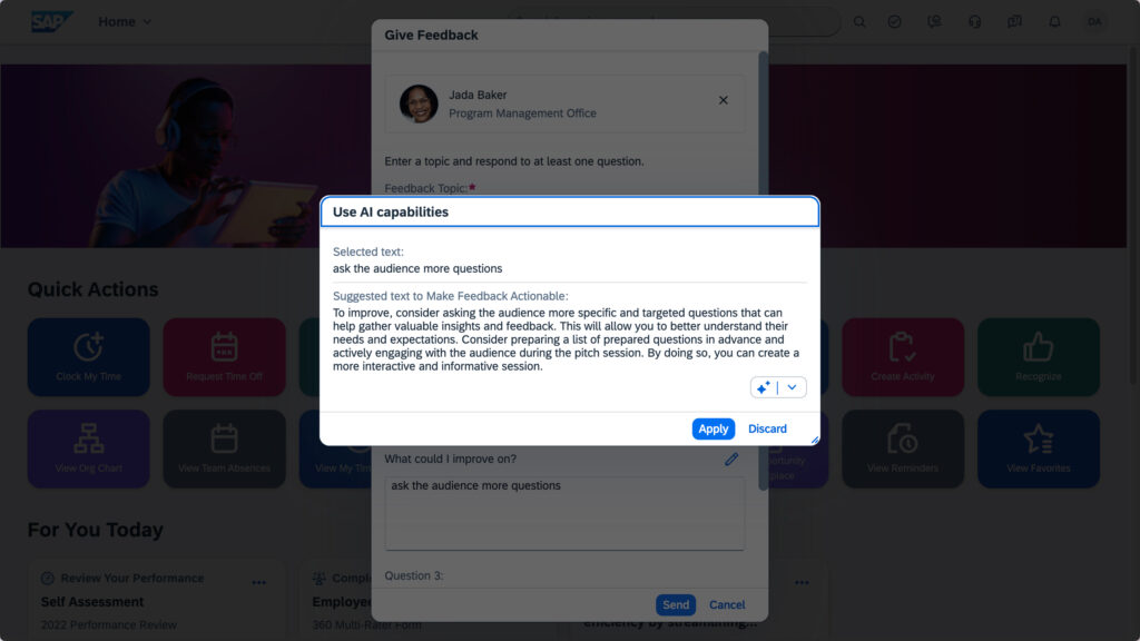 Screenshot of AI feedback in SAP SuccessFactors HCM