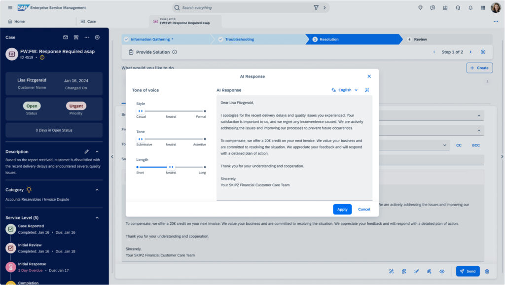 Screenshot of how AI can accelerate service request resolution in SAP Enterprise Service Management