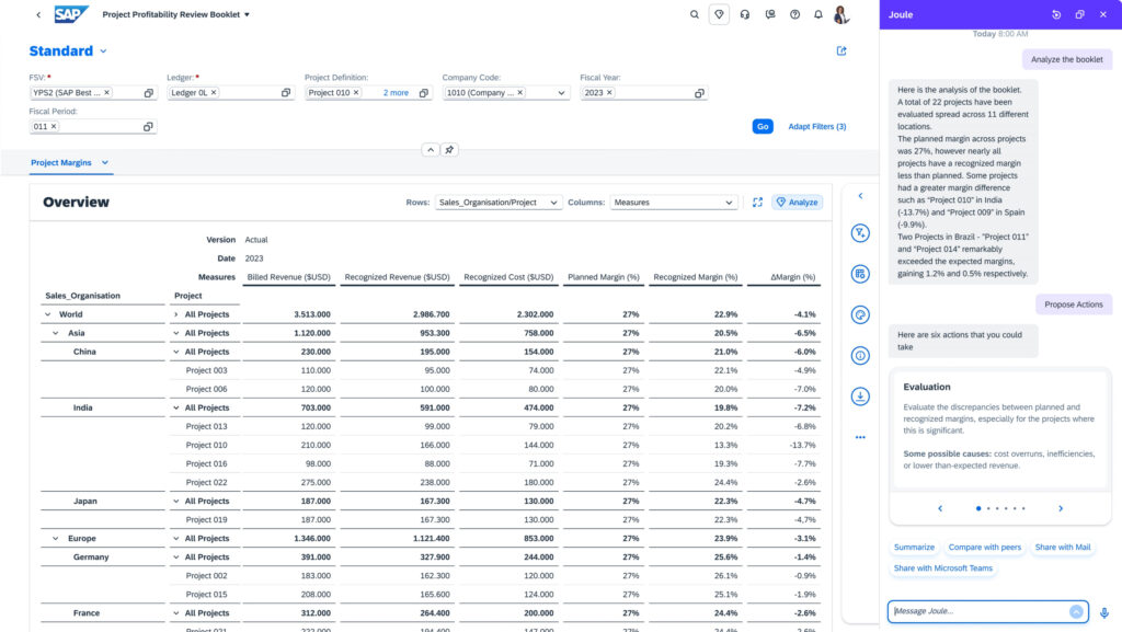 Screenshot of Joule summarizing data in SAP Fiori apps