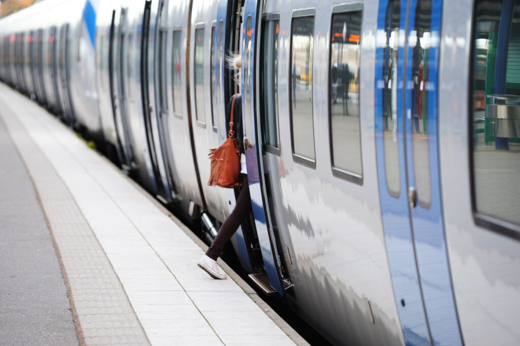 Women with hand bag entering train