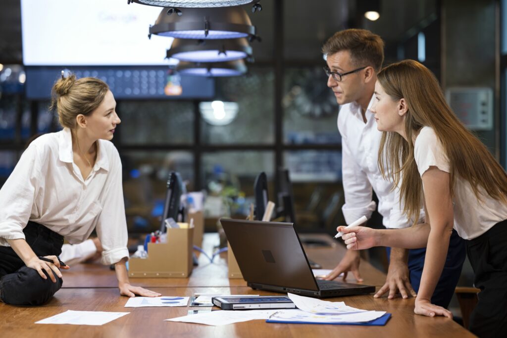 Reviews Business Plan and Innovation Tool for Fintech ( Financial Technology ) Startup Solutions. Female Chief Software Developer having a meeting with business team to review financial business process in a financial service business office