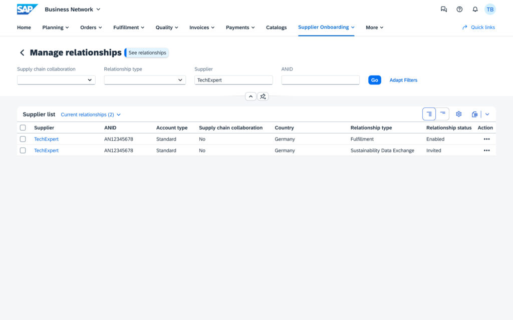 Screenshot of SAP Business Network