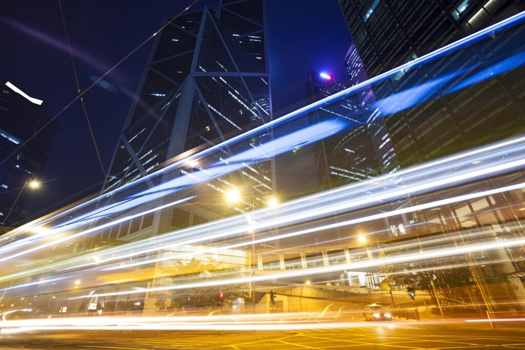 motion bus with blur light through city