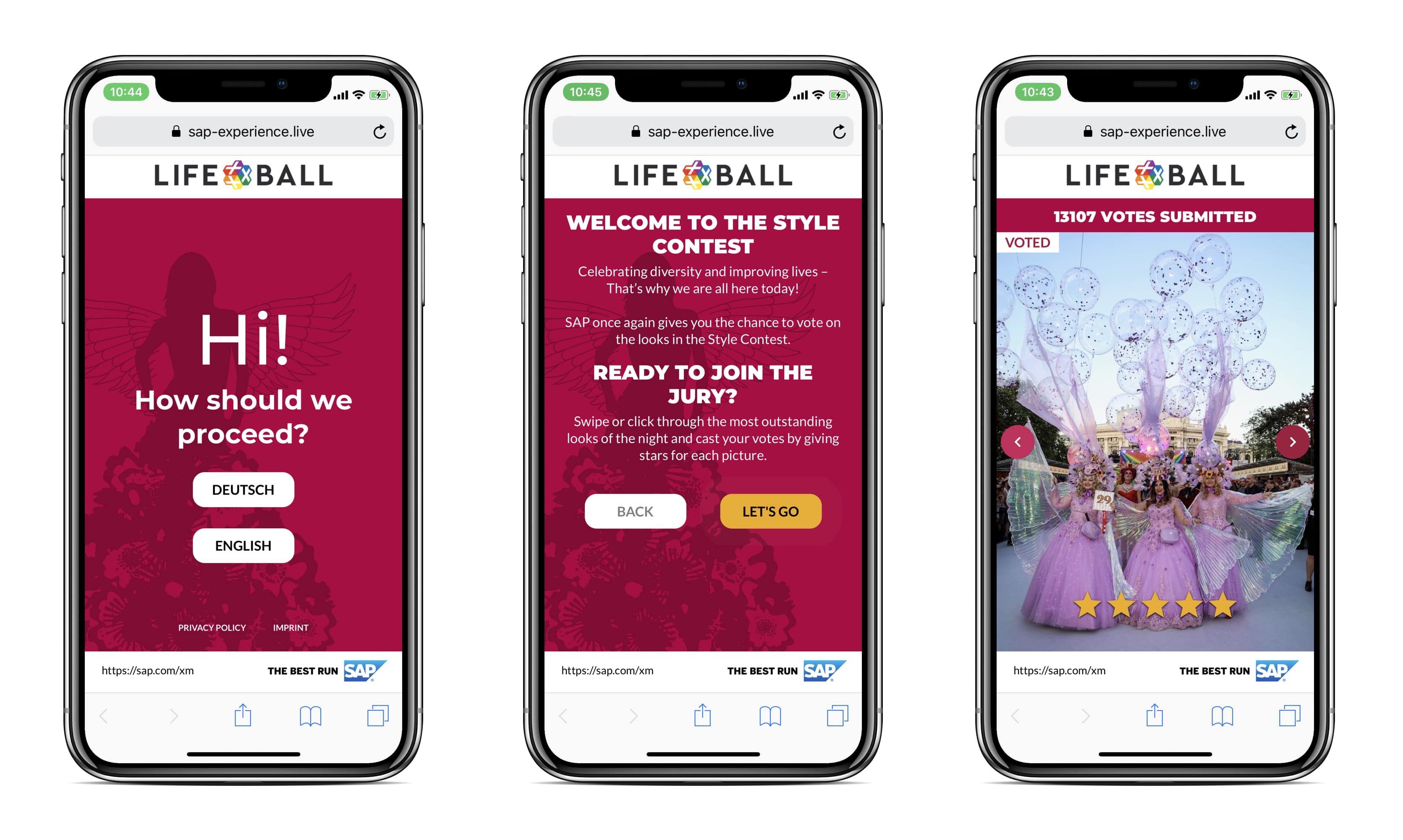 Mobile screenshots of audience voting for the Life Ball's annual style contest