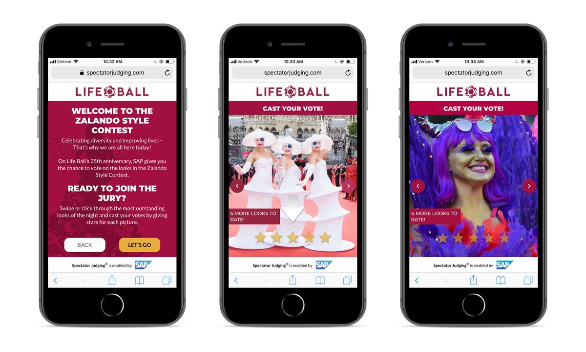 Screenshots of the voting app for Life Ball, based on SAP Cloud Platform